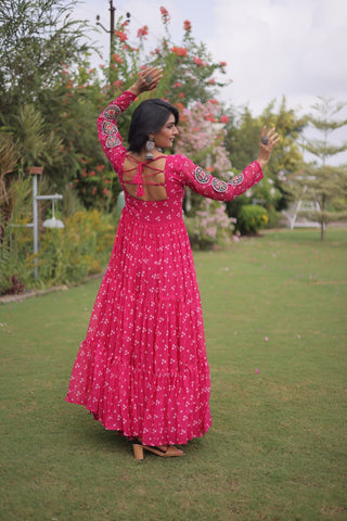 Bandhani Print Georgette Gown with Patchwork ClothsVilla