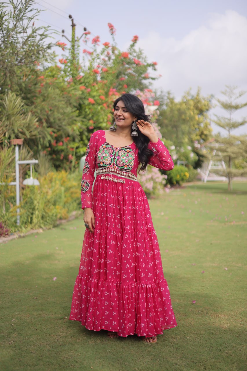 Bandhani Print Georgette Gown with Patchwork ClothsVilla