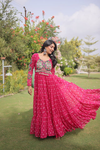 Bandhani Print Georgette Gown with Patchwork ClothsVilla