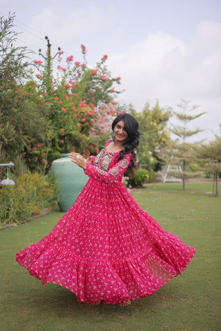 Bandhani Print Georgette Gown with Patchwork ClothsVilla