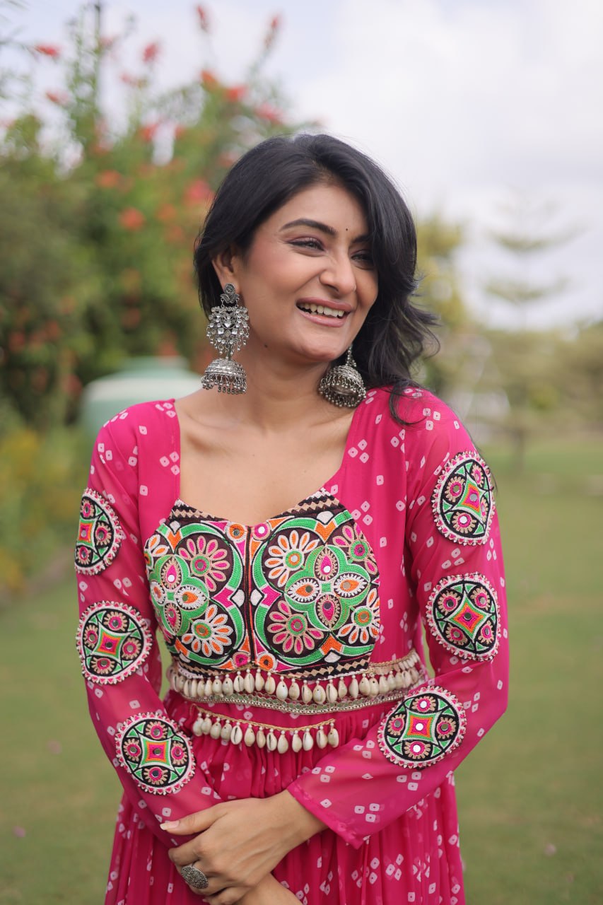 Bandhani Print Georgette Gown with Patchwork ClothsVilla