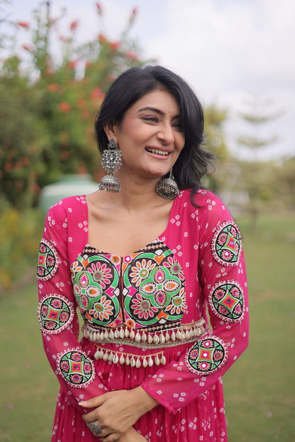 Bandhani Print Georgette Gown with Patchwork ClothsVilla
