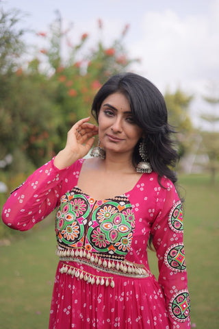 Bandhani Print Georgette Gown with Patchwork ClothsVilla