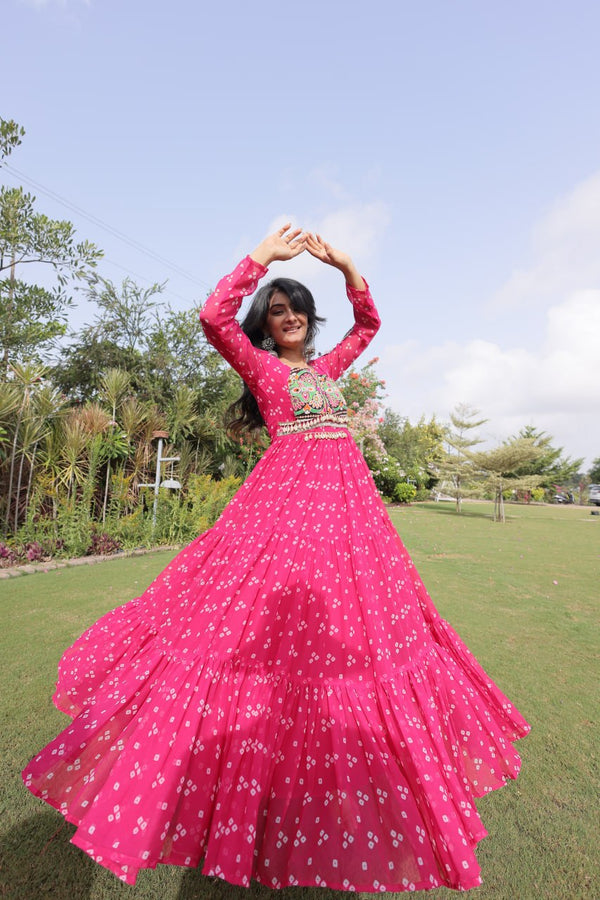 Bandhani Print Georgette Gown with Patchwork ClothsVilla