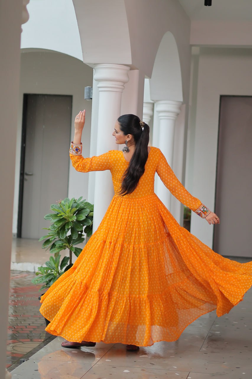 Bandhani Print Kutchi Patchwork Gown in Faux Georgette Full Flair Ethnic Gown with Cotton Lining ClothsVilla