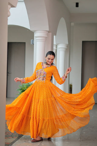 Bandhani Print Kutchi Patchwork Gown in Faux Georgette Full Flair Ethnic Gown with Cotton Lining ClothsVilla