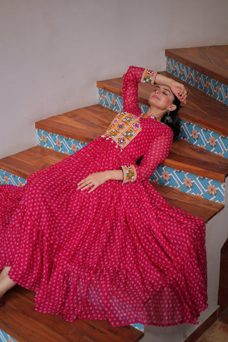 Bandhani Print Kutchi Patchwork Gown in Faux Georgette Full Flair Ethnic Gown with Cotton Lining ClothsVilla