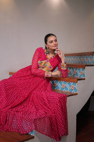 Bandhani Print Kutchi Patchwork Gown in Faux Georgette Full Flair Ethnic Gown with Cotton Lining ClothsVilla