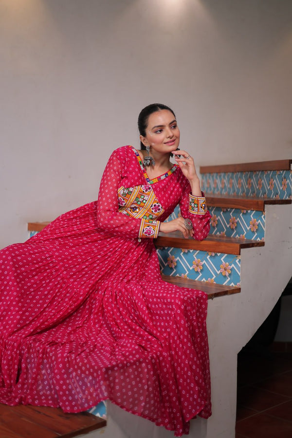 Bandhani Print Kutchi Patchwork Gown in Faux Georgette Full Flair Ethnic Gown with Cotton Lining ClothsVilla