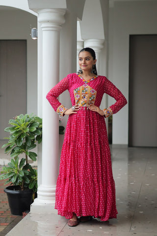 Bandhani Print Kutchi Patchwork Gown in Faux Georgette Full Flair Ethnic Gown with Cotton Lining ClothsVilla
