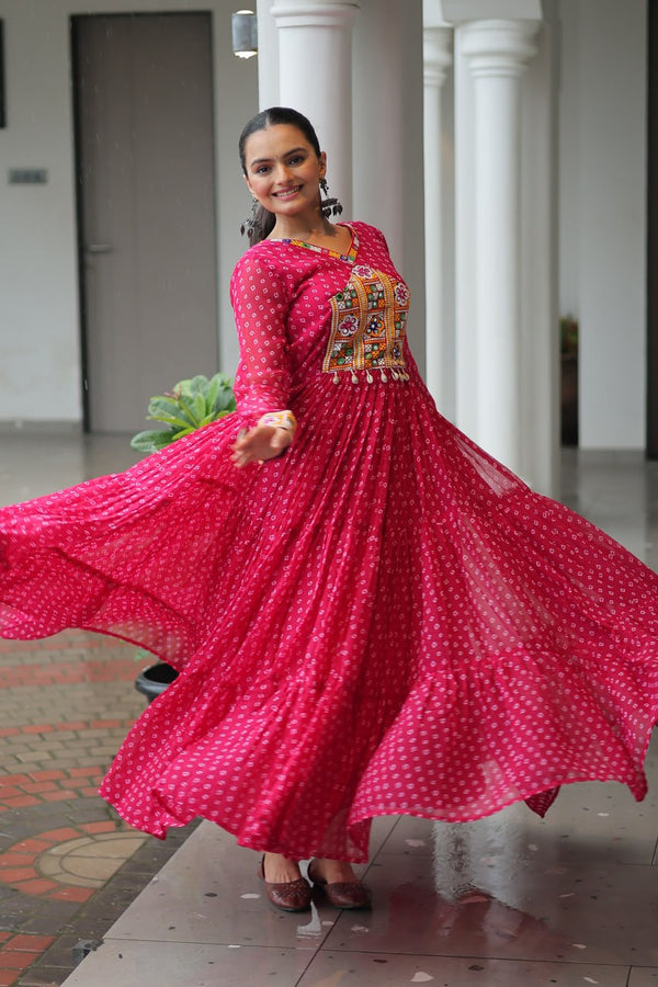 Bandhani Print Kutchi Patchwork Gown in Faux Georgette Full Flair Ethnic Gown with Cotton Lining ClothsVilla