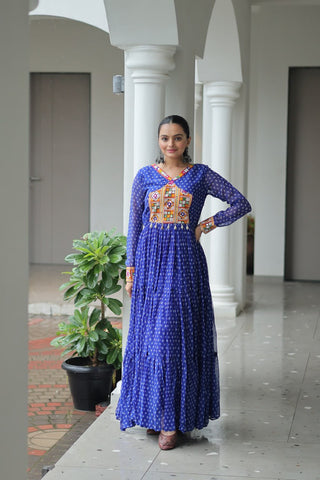 Bandhani Print Kutchi Patchwork Gown in Faux Georgette Full Flair Ethnic Gown with Cotton Lining ClothsVilla