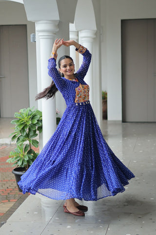 Bandhani Print Kutchi Patchwork Gown in Faux Georgette Full Flair Ethnic Gown with Cotton Lining ClothsVilla