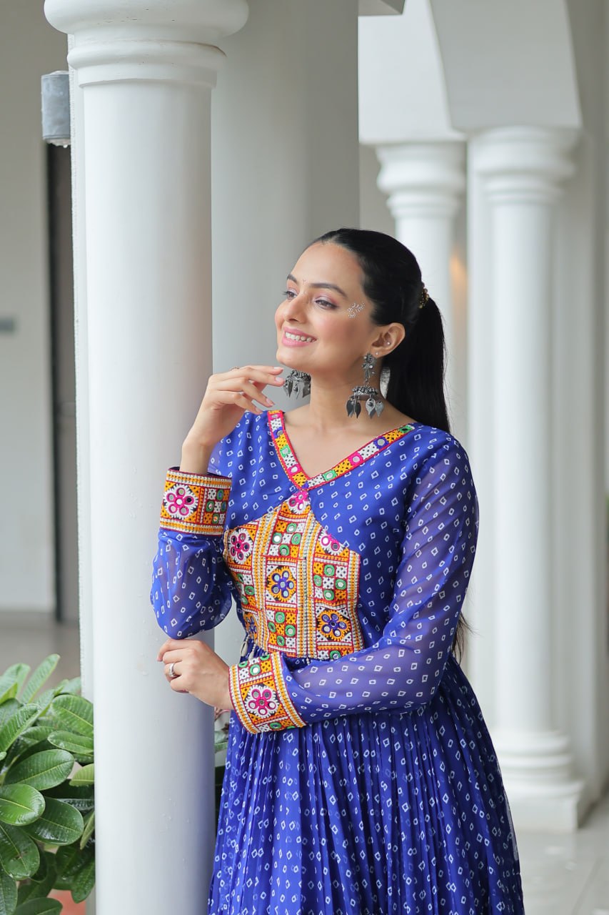 Bandhani Print Kutchi Patchwork Gown in Faux Georgette Full Flair Ethnic Gown with Cotton Lining ClothsVilla