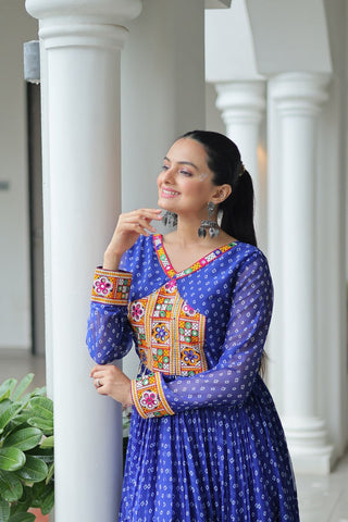 Bandhani Print Kutchi Patchwork Gown in Faux Georgette Full Flair Ethnic Gown with Cotton Lining ClothsVilla