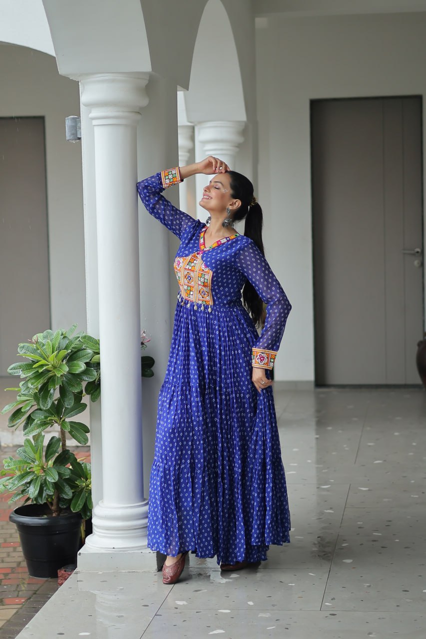 Bandhani Print Kutchi Patchwork Gown in Faux Georgette Full Flair Ethnic Gown with Cotton Lining ClothsVilla