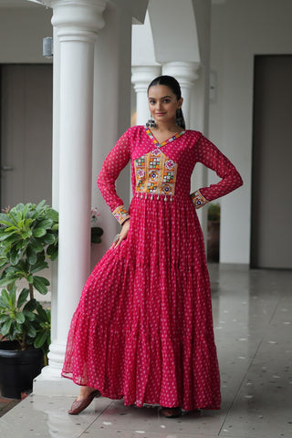 Bandhani Print Kutchi Patchwork Gown in Faux Georgette Full Flair Ethnic Gown with Cotton Lining ClothsVilla