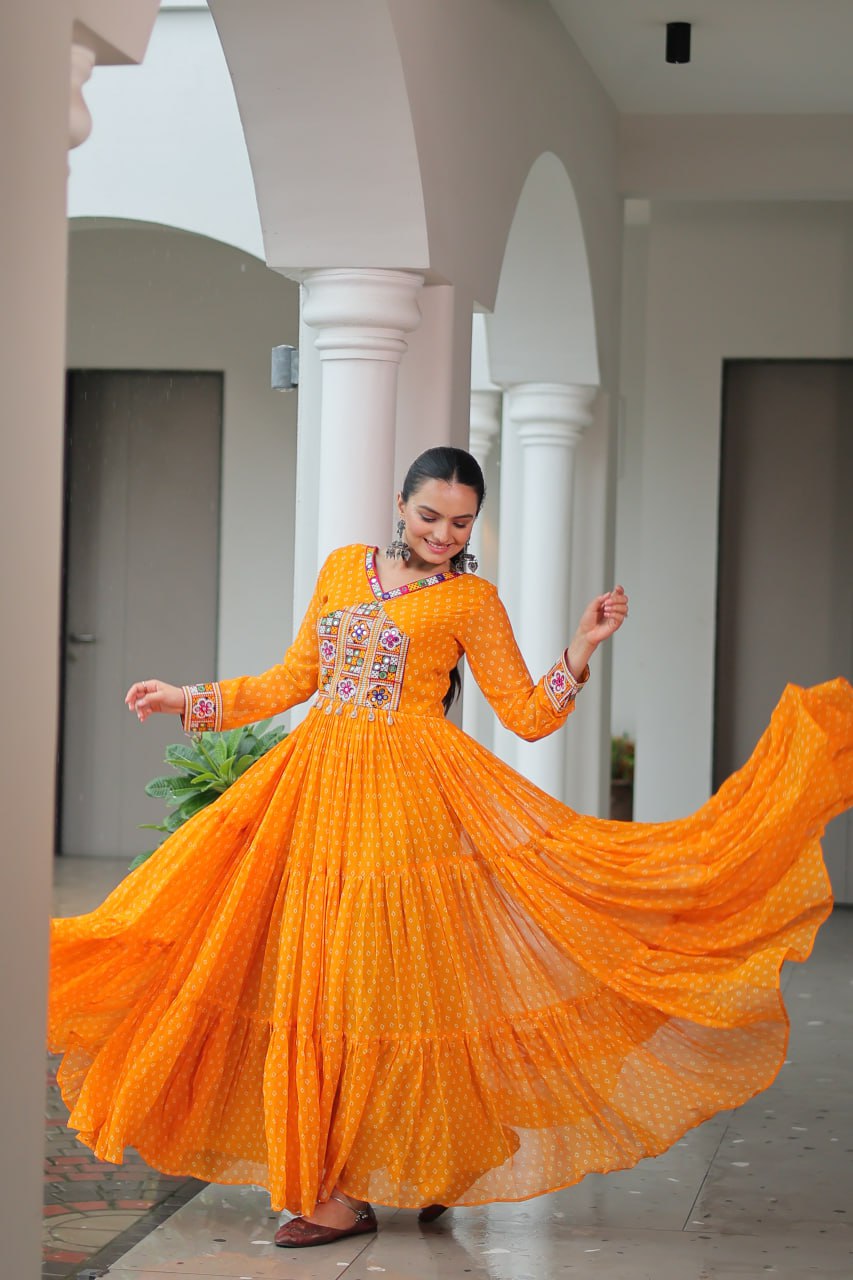 Bandhani Print Kutchi Patchwork Gown in Faux Georgette Full Flair Ethnic Gown with Cotton Lining ClothsVilla