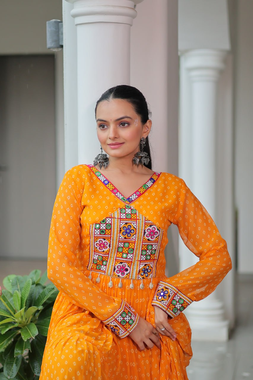 Bandhani Print Kutchi Patchwork Gown in Faux Georgette Full Flair Ethnic Gown with Cotton Lining ClothsVilla