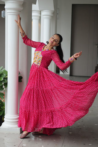 Bandhani Print Kutchi Patchwork Gown in Faux Georgette Full Flair Ethnic Gown with Cotton Lining ClothsVilla