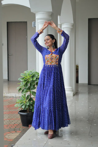 Bandhani Print Kutchi Patchwork Gown in Faux Georgette Full Flair Ethnic Gown with Cotton Lining ClothsVilla