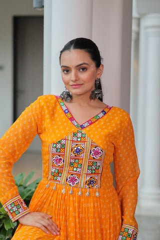 Bandhani Print Kutchi Patchwork Gown in Faux Georgette Full Flair Ethnic Gown with Cotton Lining ClothsVilla