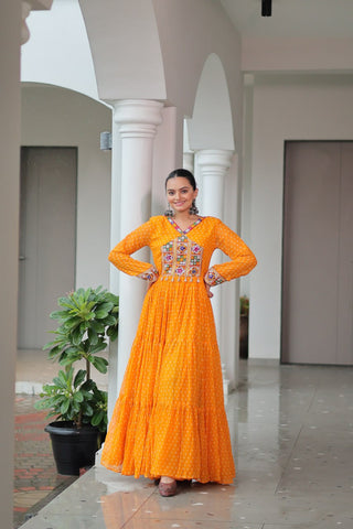 Bandhani Print Kutchi Patchwork Gown in Faux Georgette Full Flair Ethnic Gown with Cotton Lining ClothsVilla