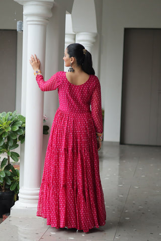 Bandhani Print Kutchi Patchwork Gown in Faux Georgette Full Flair Ethnic Gown with Cotton Lining ClothsVilla