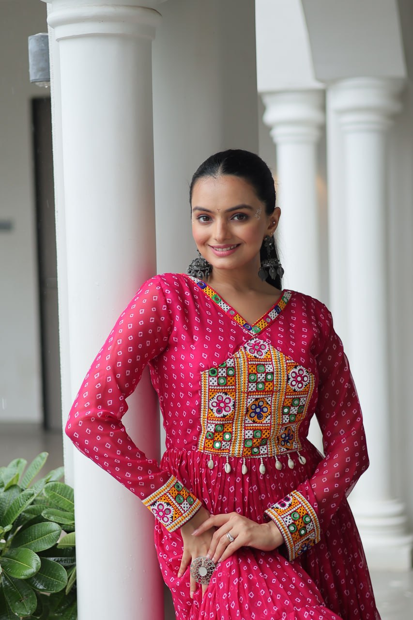 Bandhani Print Kutchi Patchwork Gown in Faux Georgette Full Flair Ethnic Gown with Cotton Lining ClothsVilla