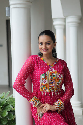 Bandhani Print Kutchi Patchwork Gown in Faux Georgette Full Flair Ethnic Gown with Cotton Lining ClothsVilla
