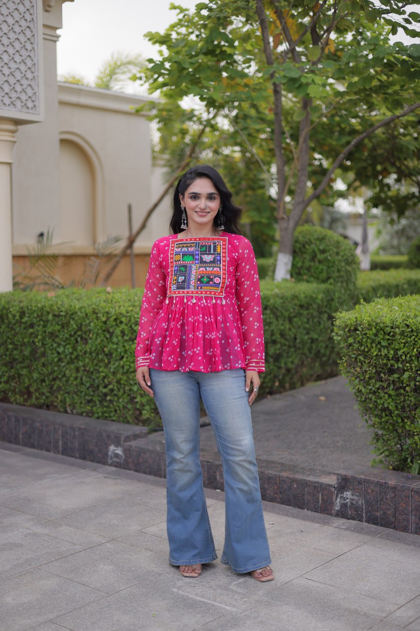 Bandhani Print Top with Kutchi Gamthi Patchwork ClothsVilla