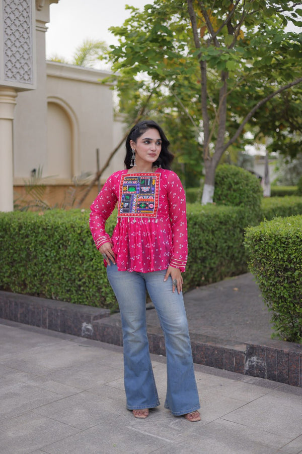 Bandhani Print Top with Kutchi Gamthi Patchwork ClothsVilla