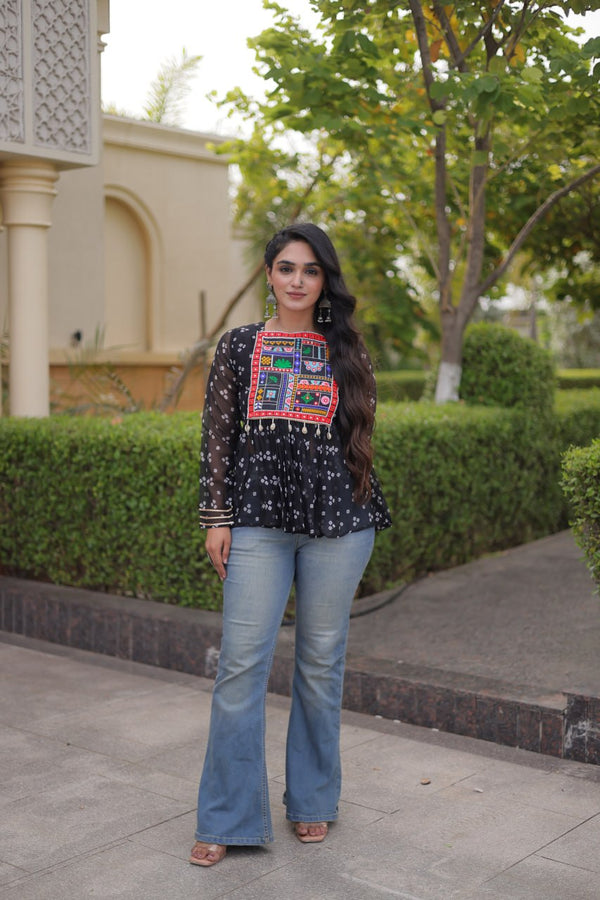 Bandhani Print Top with Kutchi Gamthi Patchwork ClothsVilla