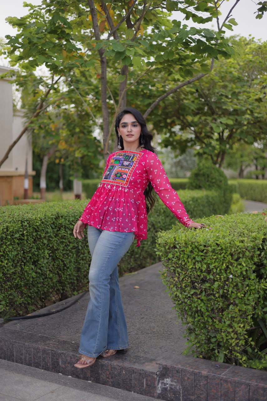 Bandhani Print Top with Kutchi Gamthi Patchwork ClothsVilla