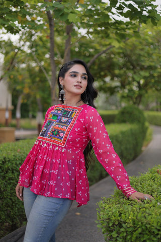 Bandhani Print Top with Kutchi Gamthi Patchwork ClothsVilla