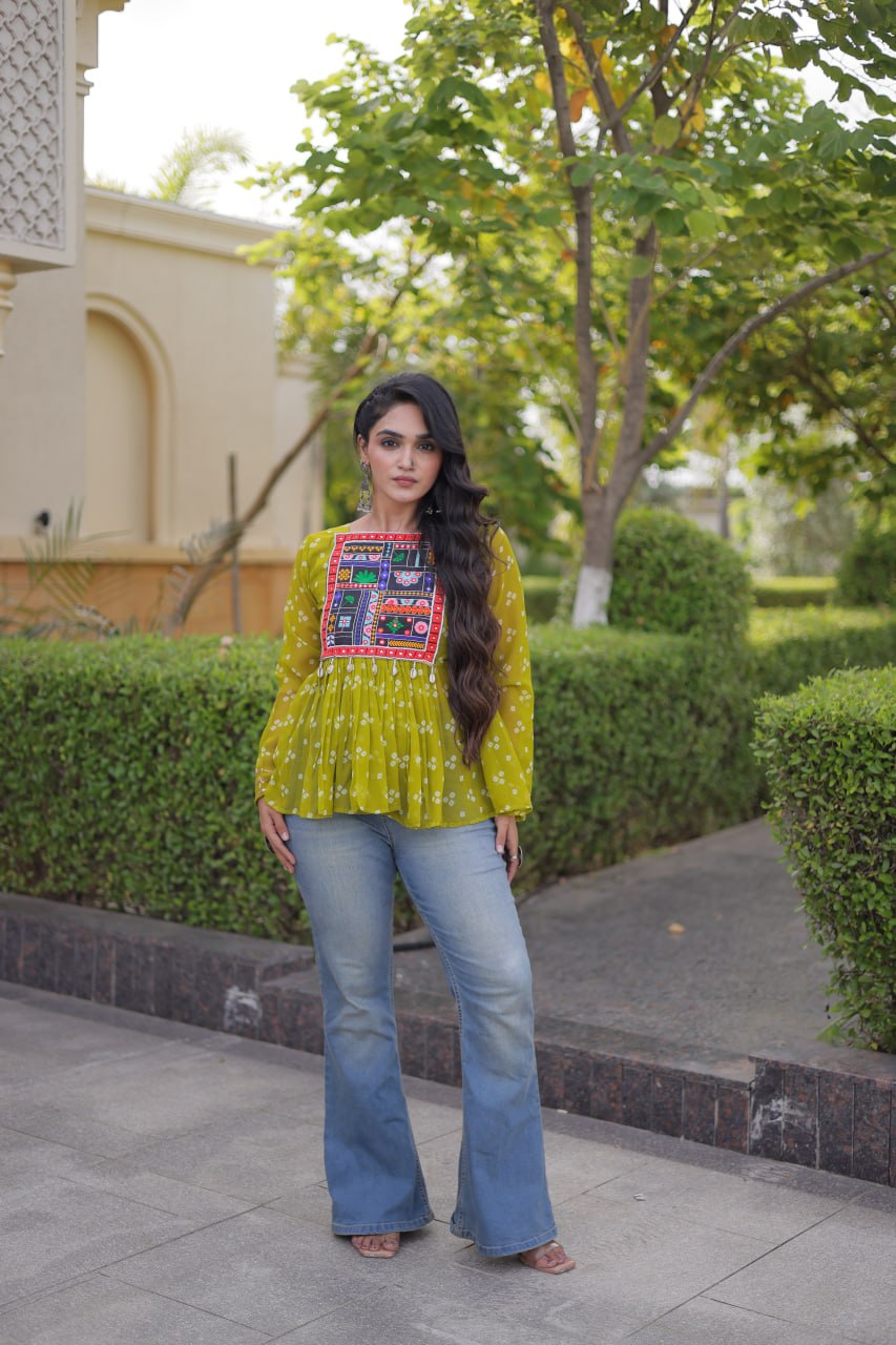 Bandhani Print Top with Kutchi Gamthi Patchwork ClothsVilla