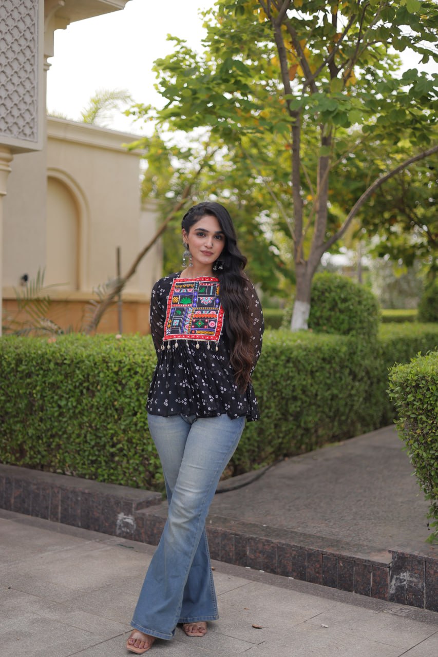 Bandhani Print Top with Kutchi Gamthi Patchwork ClothsVilla