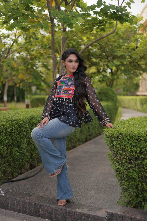 Bandhani Print Top with Kutchi Gamthi Patchwork ClothsVilla