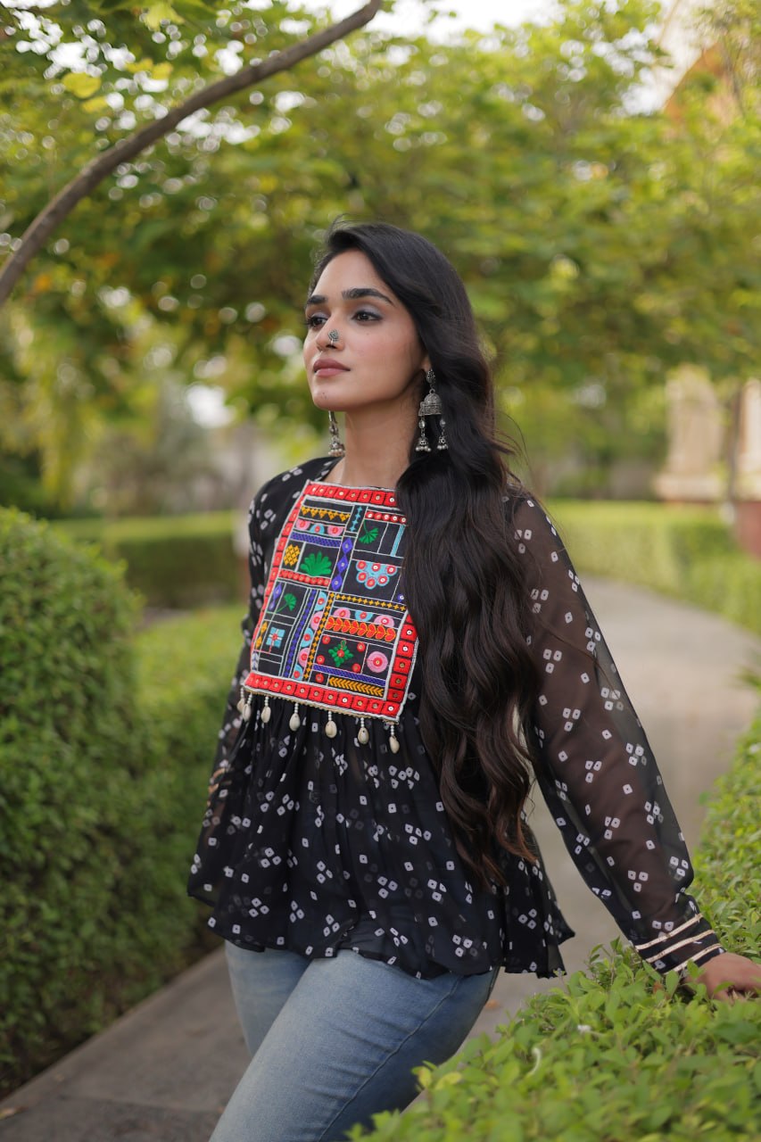 Bandhani Print Top with Kutchi Gamthi Patchwork ClothsVilla