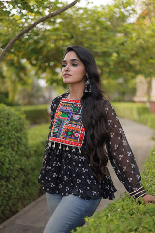 Bandhani Print Top with Kutchi Gamthi Patchwork ClothsVilla