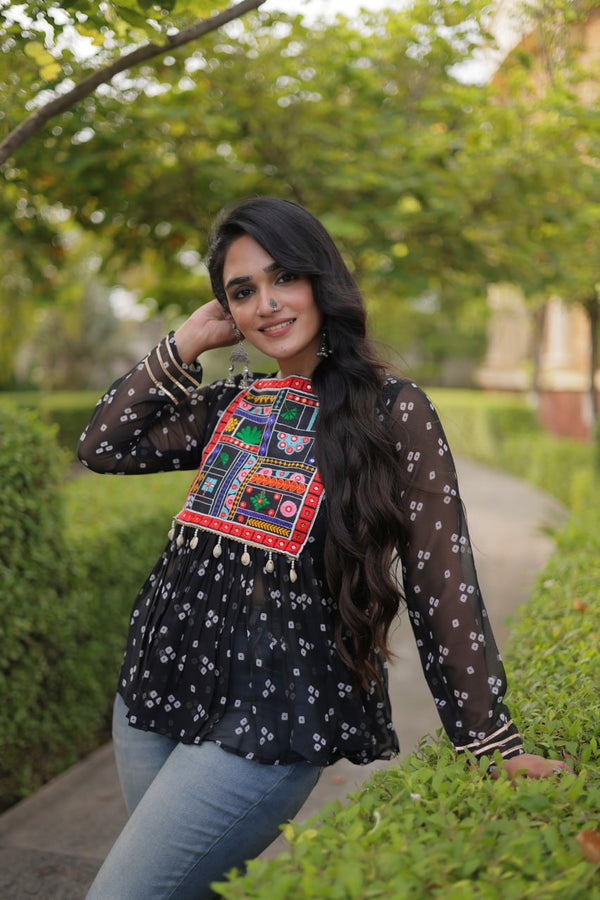 Bandhani Print Top with Kutchi Gamthi Patchwork ClothsVilla