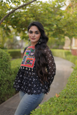 Bandhani Print Top with Kutchi Gamthi Patchwork ClothsVilla