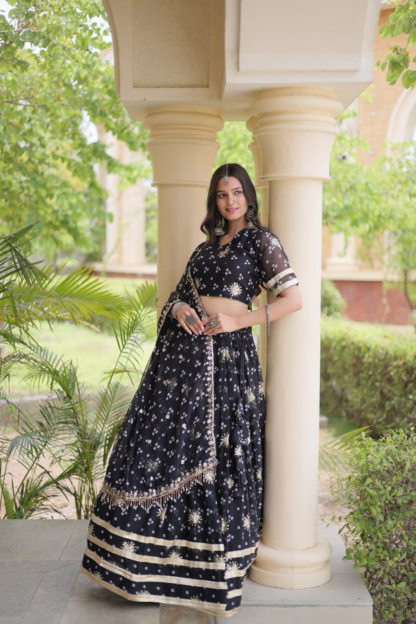 Bandhej Print Sequins Zari Work Lehenga Set ClothsVilla