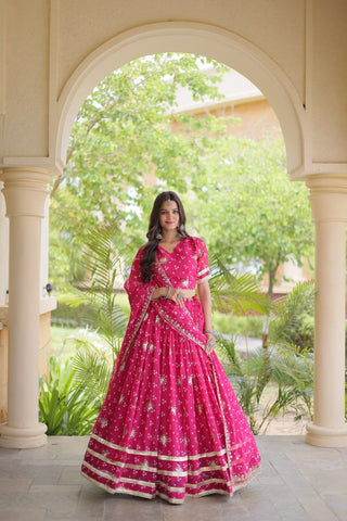 Bandhej Print Sequins Zari Work Lehenga Set ClothsVilla