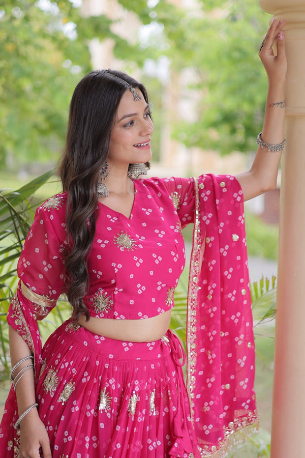 Bandhej Print Sequins Zari Work Lehenga Set ClothsVilla
