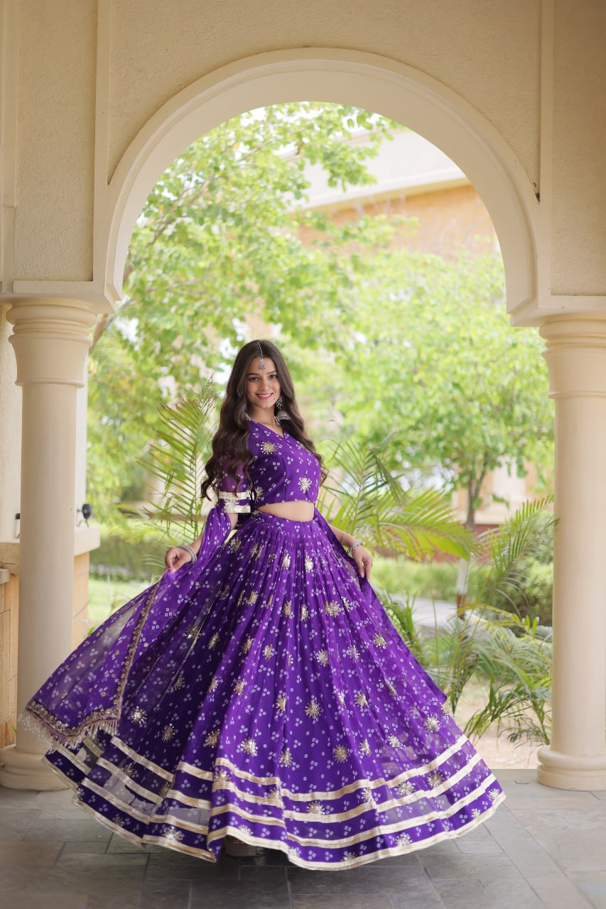 Bandhej Print Sequins Zari Work Lehenga Set ClothsVilla