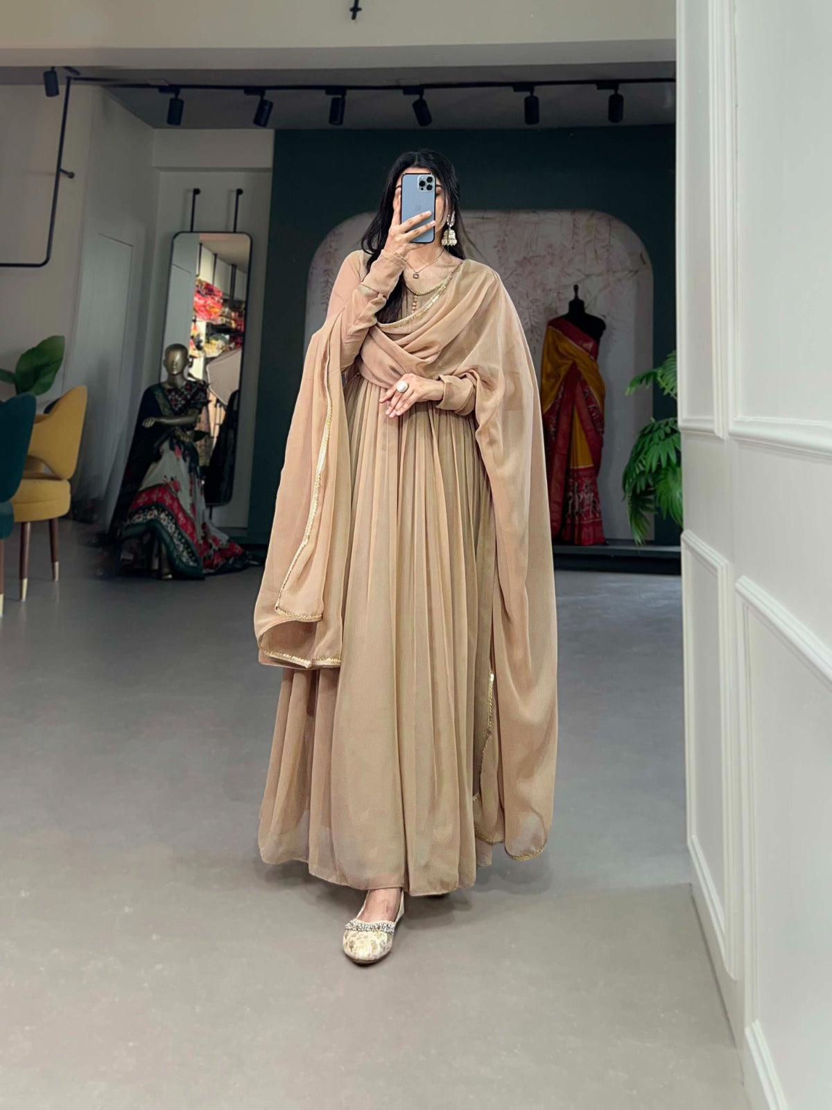 Beige Alia Style Georgette Gown with Sequins Embroidery Lace ClothsVilla