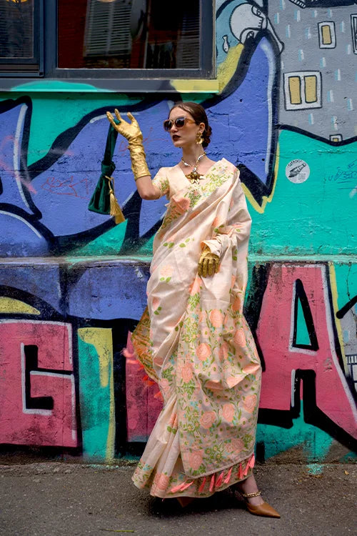Beige Banarasi Silk Saree with Zari Kashmiri Weaving  & Unstitched Blouse ClothsVilla Main image