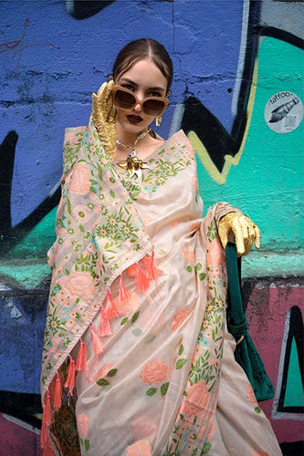Beige Banarasi Silk Saree with Zari Kashmiri Weaving  & Unstitched Blouse ClothsVilla