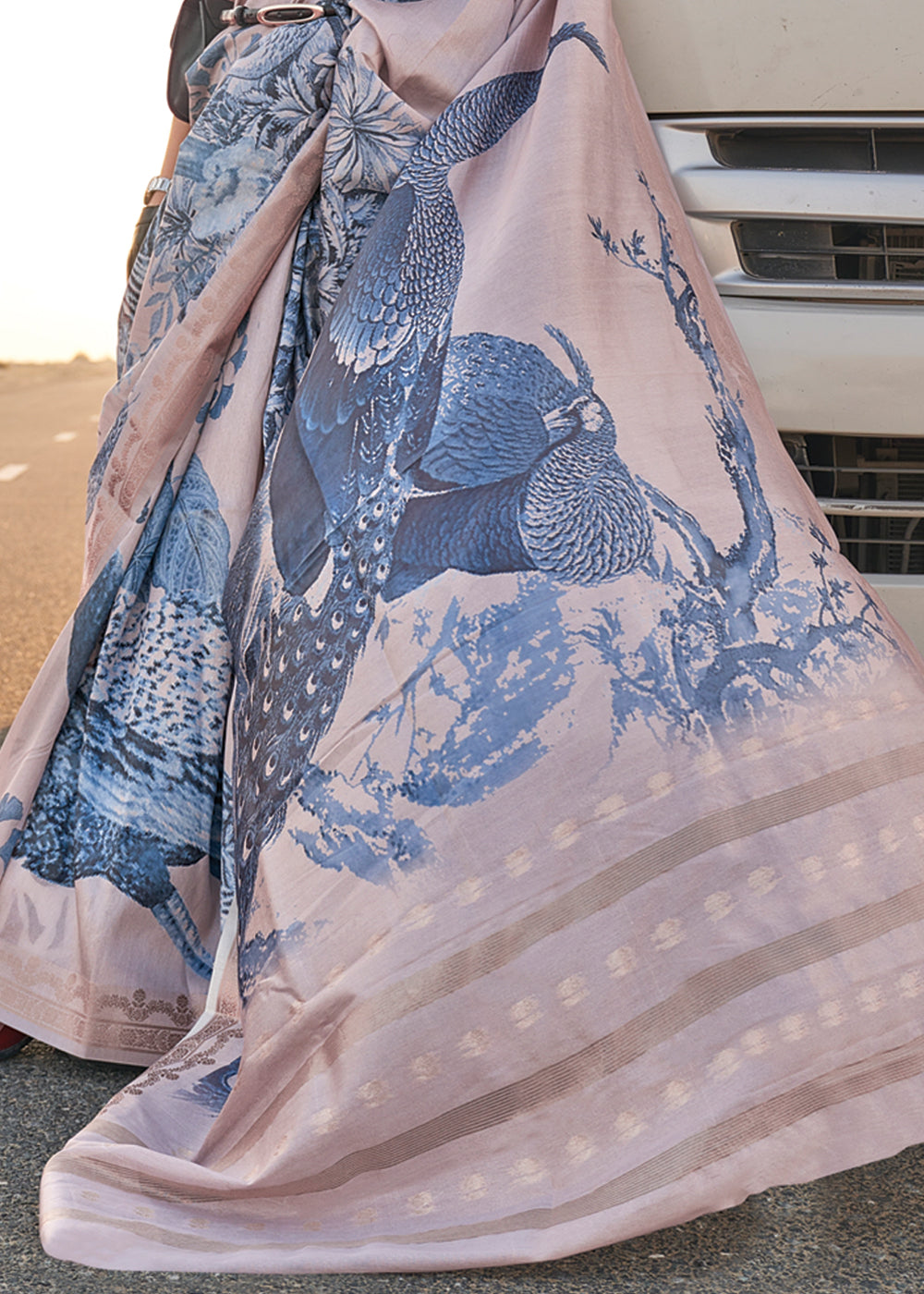 Beige & Blue Elegant Tussar Silk Blend Saree with Blouse Piece ClothsVilla